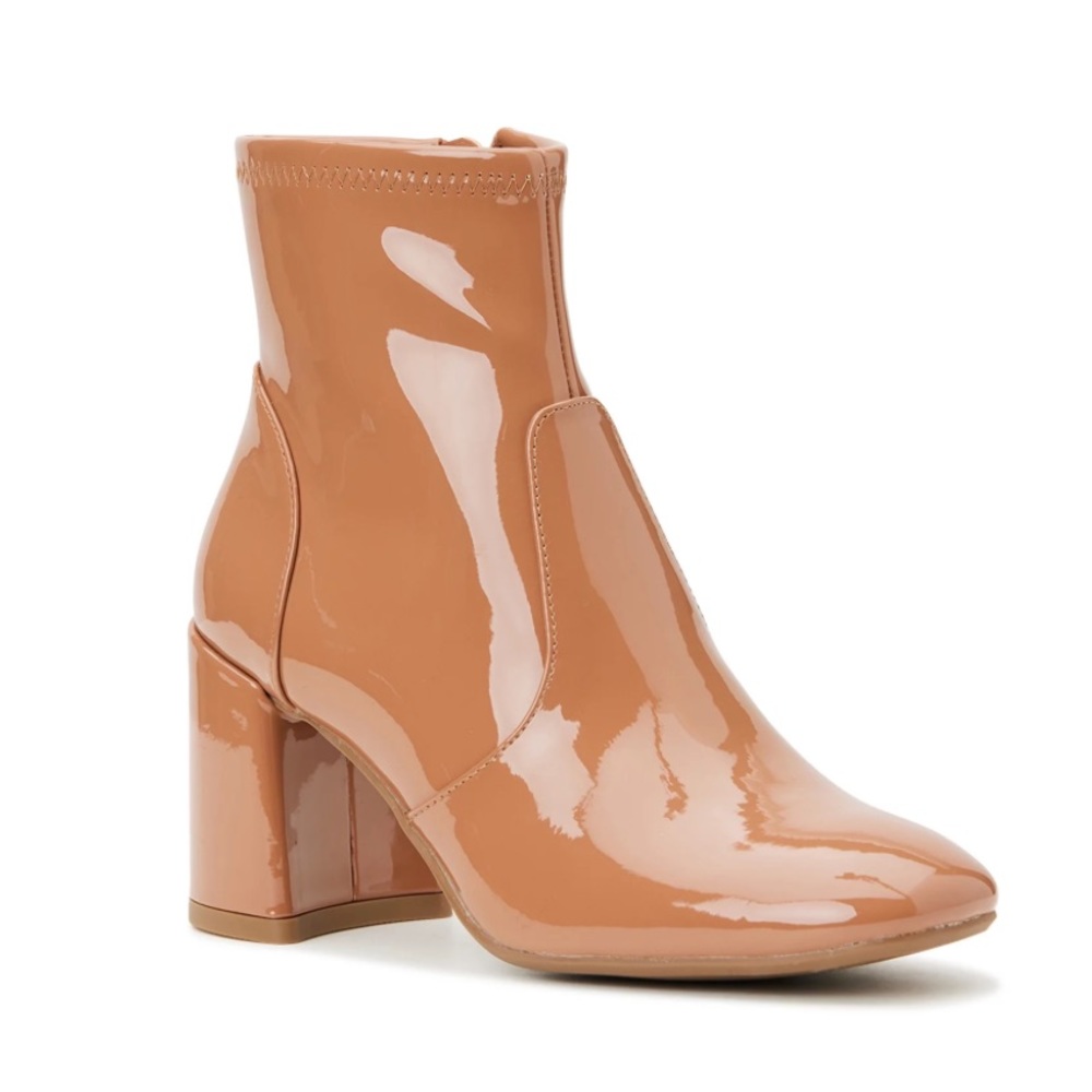Caramel Patent Side-Zip Heeled Bootie 🍮